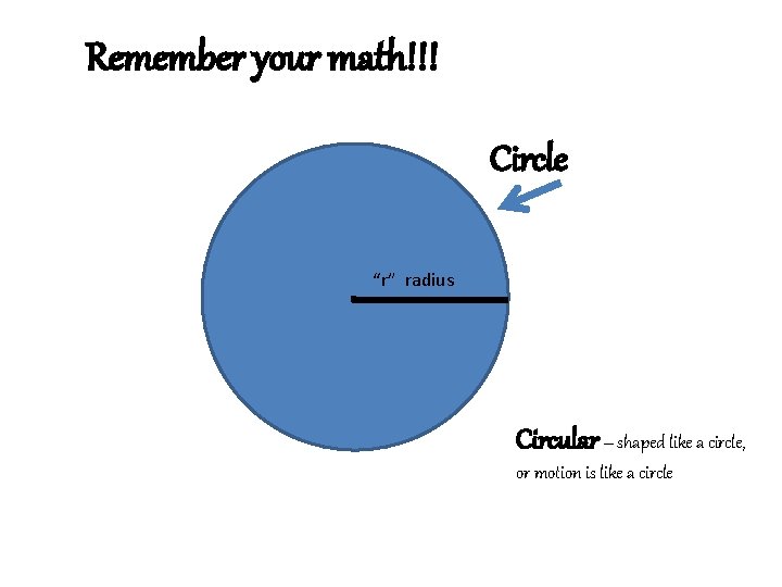 Remember your math!!! Circle “r” radius Circular – shaped like a circle, or motion Remember your math!!! Circle “r” radius Circular – shaped like a circle, or motion