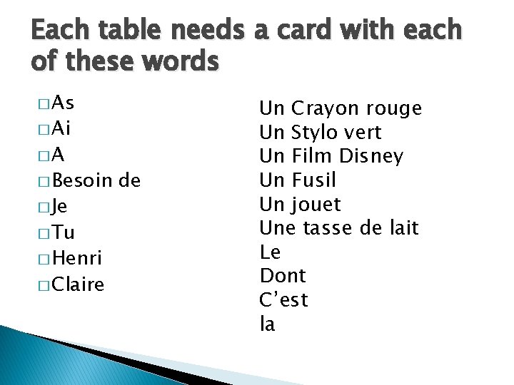 Each table needs a card with each of these words � Ai �A �