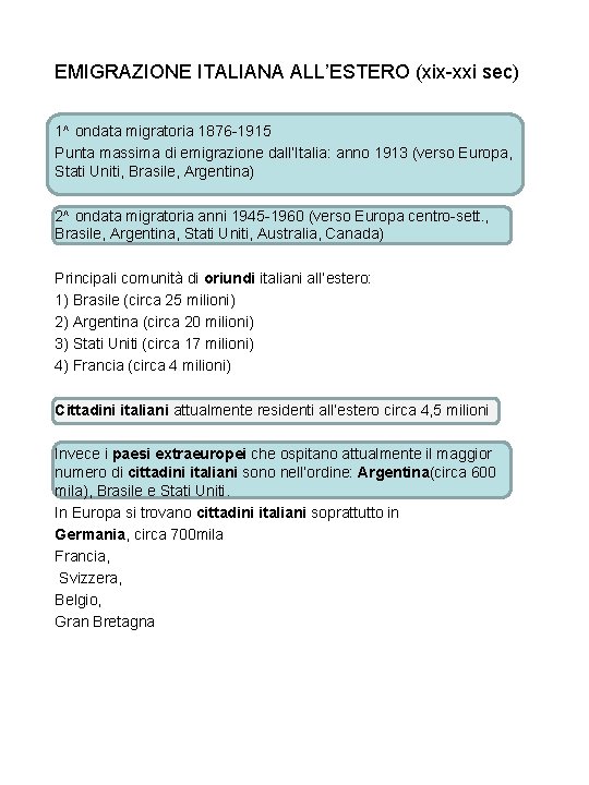 EMIGRAZIONE ITALIANA ALL’ESTERO (xix-xxi sec) 1^ ondata migratoria 1876 -1915 Punta massima di emigrazione