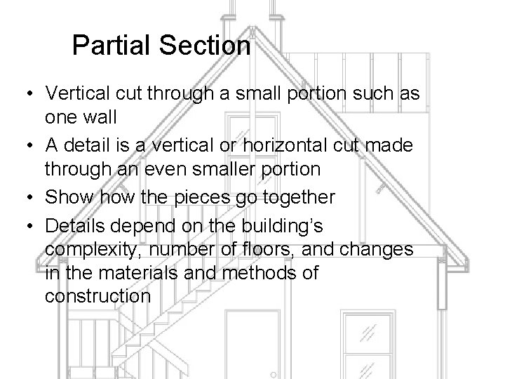 Partial Section • Vertical cut through a small portion such as one wall •