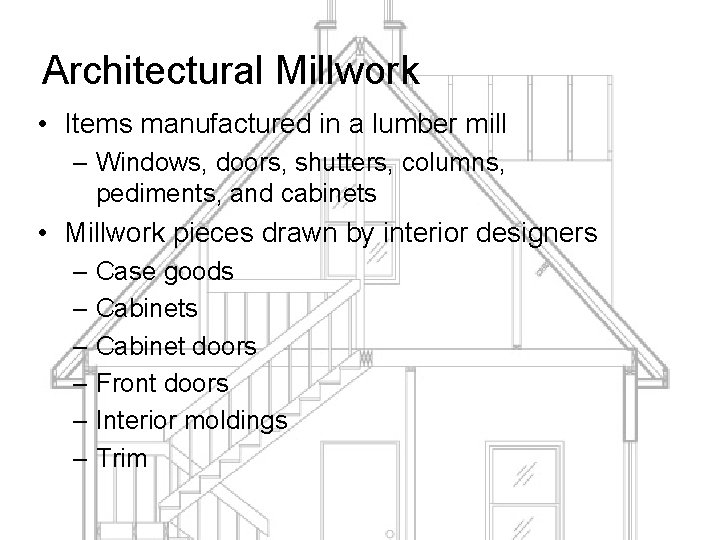 Architectural Millwork • Items manufactured in a lumber mill – Windows, doors, shutters, columns,