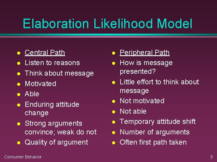 Elaboration Likelihood Model l l l l Central Path Listen to reasons Think about