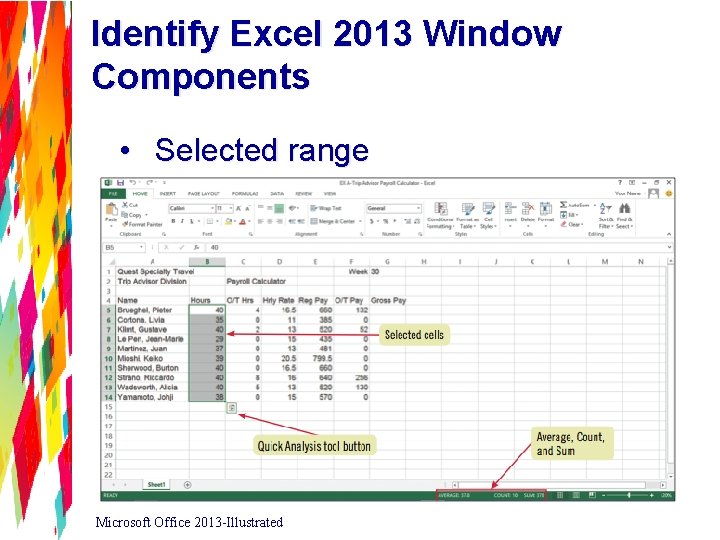 Identify Excel 2013 Window Components • Selected range Microsoft Office 2013 -Illustrated 