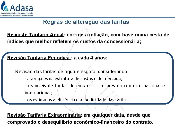 Regras de alteração das tarifas Reajuste Tarifário Anual: corrige a inflação, com base numa