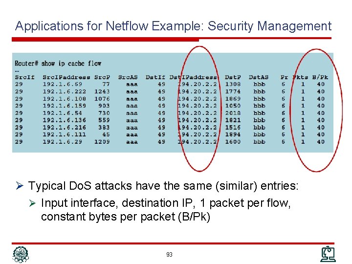 Applications for Netflow Example: Security Management Ø Typical Do. S attacks have the same