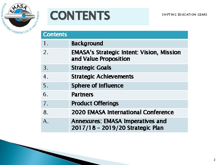 CONTENTS SHIFTING EDUCATION GEARS Contents 1. Background 2. EMASA’s Strategic Intent: Vision, Mission and