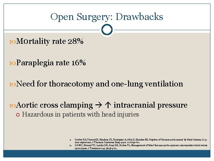 Open Surgery: Drawbacks M 0 rtality rate 28% Paraplegia rate 16% Need for thoracotomy