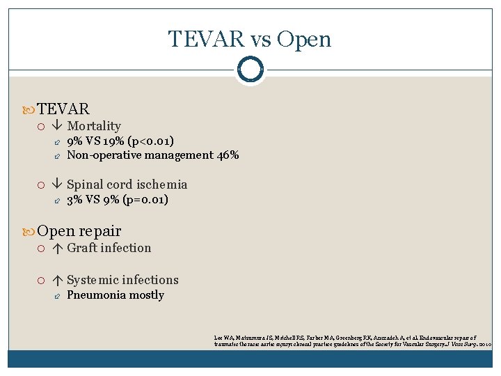 TEVAR vs Open TEVAR Mortality 9% VS 19% (p<0. 01) Non-operative management 46% Spinal