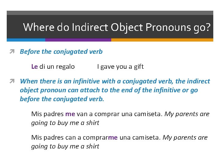 Where do Indirect Object Pronouns go? Before the conjugated verb Le di un regalo