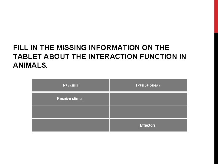 FILL IN THE MISSING INFORMATION ON THE TABLET ABOUT THE INTERACTION FUNCTION IN ANIMALS.
