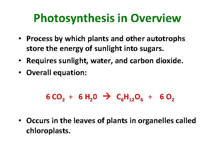Photosynthesis in Overview • Process by which plants and other autotrophs store the energy