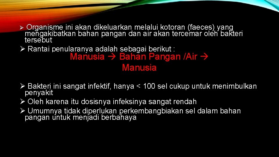 Organisme ini akan dikeluarkan melalui kotoran (faeces) yang mengakibatkan bahan pangan dan air akan