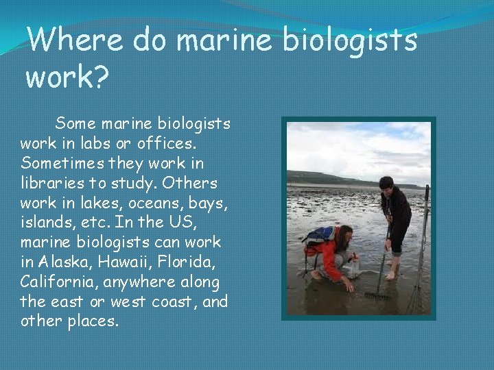 Where do marine biologists work? Some marine biologists work in labs or offices. Sometimes