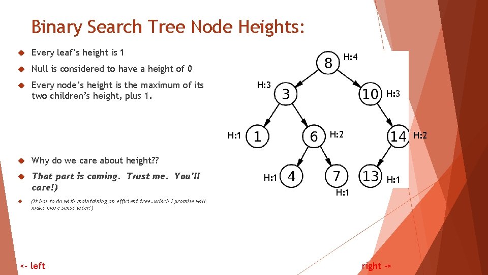 Binary Search Tree Node Heights: Every leaf’s height is 1 Null is considered to