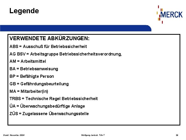 Legende VERWENDETE ABKÜRZUNGEN: ABS = Ausschuß für Betriebssicherheit AG BSV = Arbeitsgruppe Betriebssicherheitsverordnung, AM