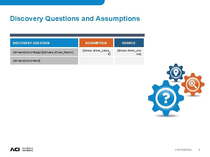 Discovery Questions and Assumptions DISCOVERY QUESTION [drivers; block=begin][drivers. driver_factor] ASSUMPTION SOURCE [drivers. driver_value_ fr]