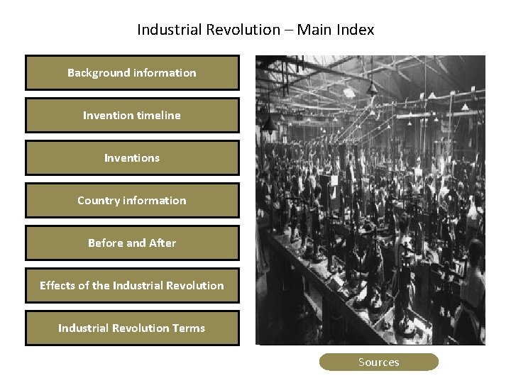 Industrial Revolution – Main Index Background information Invention timeline Inventions Country information Add relevant