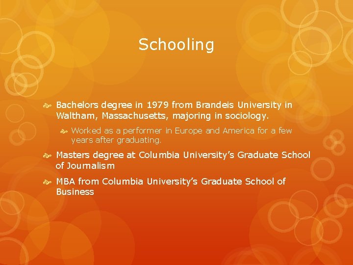 Schooling Bachelors degree in 1979 from Brandeis University in Waltham, Massachusetts, majoring in sociology.