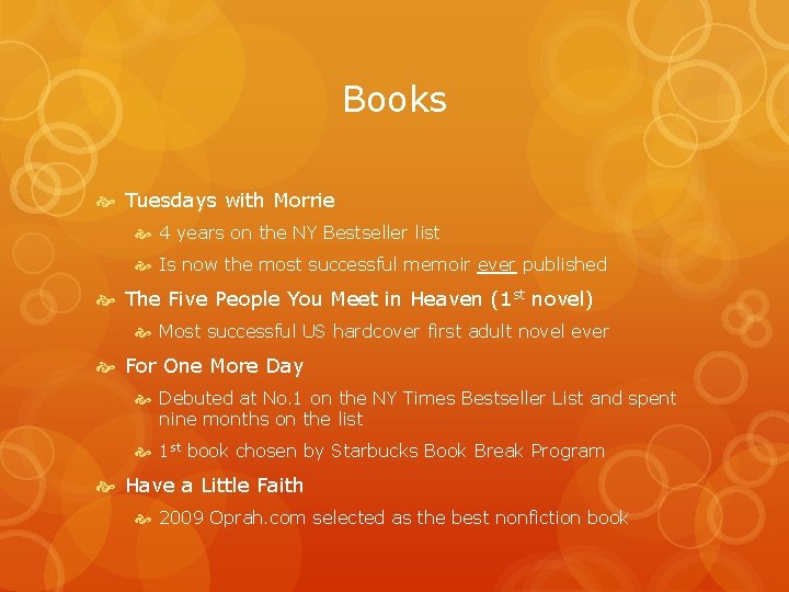 Books Tuesdays with Morrie 4 years on the NY Bestseller list Is now the