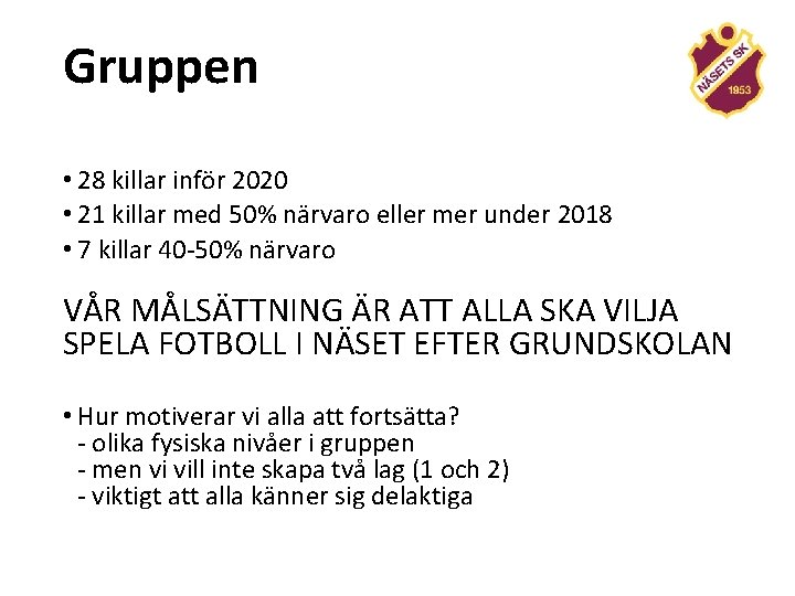 Gruppen • 28 killar inför 2020 • 21 killar med 50% närvaro eller mer