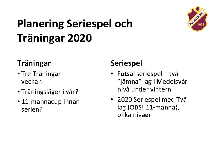 Planering Seriespel och Träningar 2020 Träningar Seriespel • Tre Träningar i veckan • Träningsläger