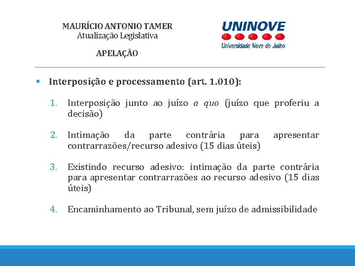 MAURÍCIO ANTONIO TAMER Atualização Legislativa APELAÇÃO § Interposição e processamento (art. 1. 010): 1.