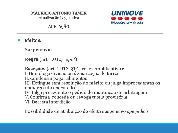 MAURÍCIO ANTONIO TAMER Atualização Legislativa APELAÇÃO § Efeitos: Suspensivo: Regra (art. 1. 012, caput)