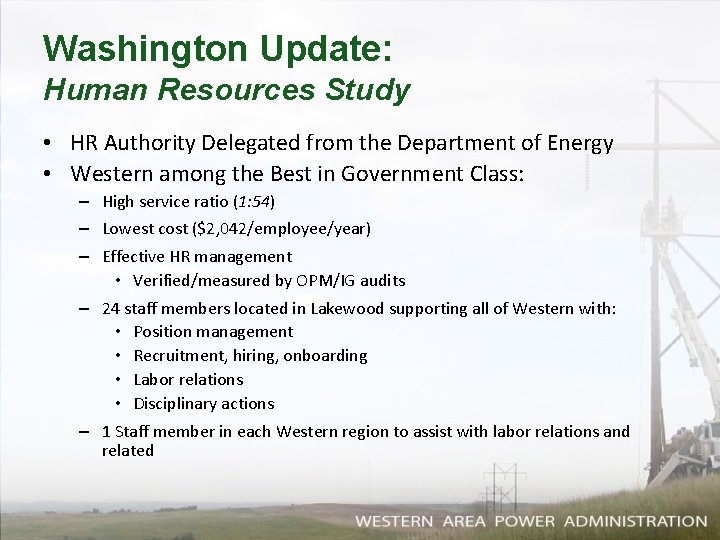 Washington Update: Human Resources Study • HR Authority Delegated from the Department of Energy