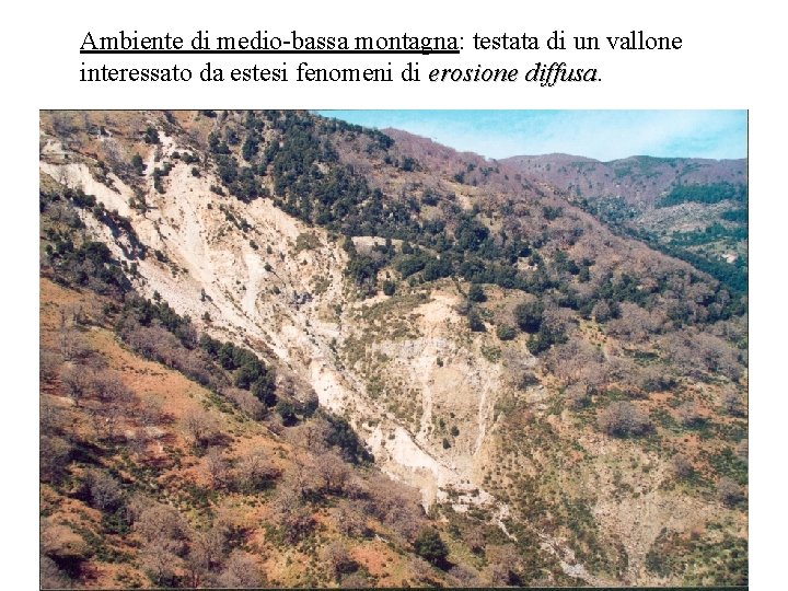 Ambiente di medio-bassa montagna: testata di un vallone interessato da estesi fenomeni di erosione