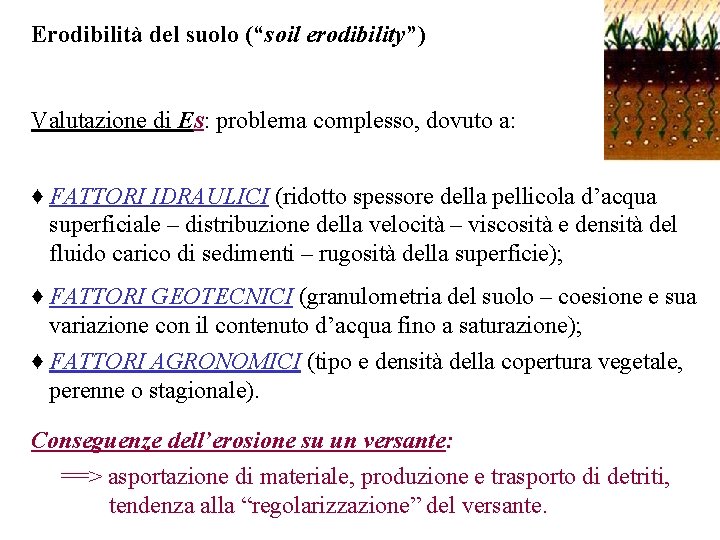 Erodibilità del suolo (“soil erodibility”) Valutazione di ES: problema complesso, dovuto a: ♦ FATTORI
