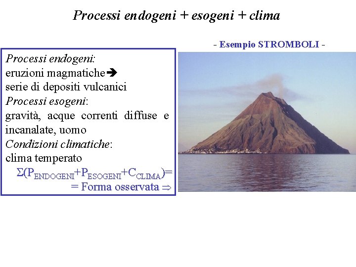 Processi endogeni + esogeni + clima - Esempio STROMBOLI - Processi endogeni: eruzioni magmatiche