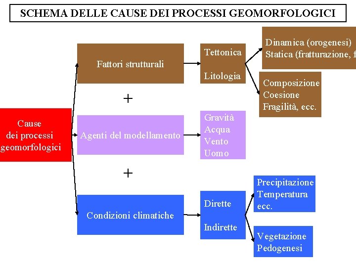 SCHEMA DELLE CAUSE DEI PROCESSI GEOMORFOLOGICI Tettonica Fattori strutturali Litologia + Cause dei processi