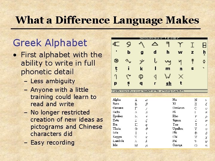 What a Difference Language Makes Greek Alphabet • First alphabet with the ability to