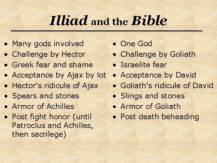 Illiad and the Bible • • Many gods involved Challenge by Hector Greek fear