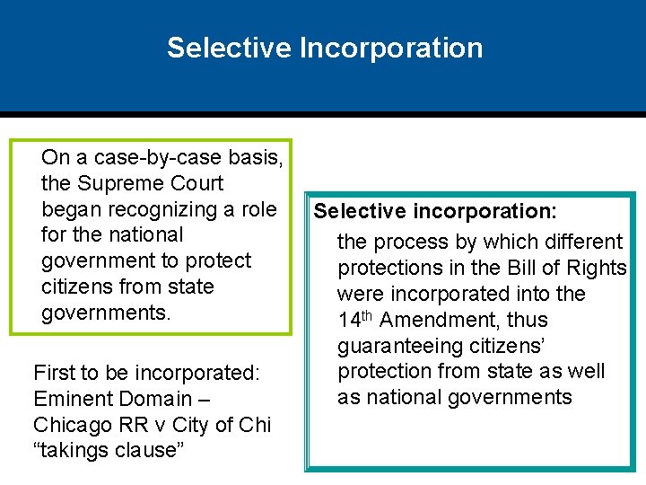 Selective Incorporation On a case-by-case basis, the Supreme Court began recognizing a role for