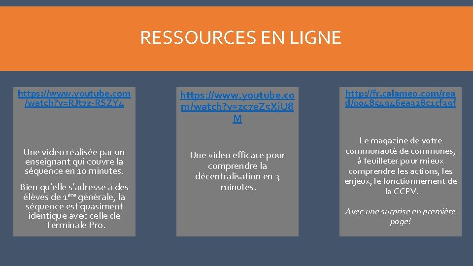 RESSOURCES EN LIGNE https: //www. youtube. com /watch? v=RJt 7 z-RSZY 4 Une vidéo