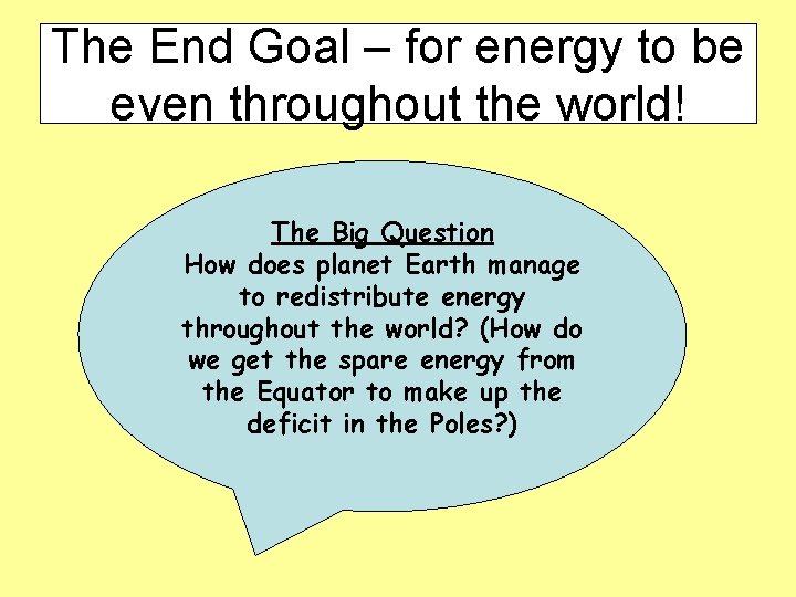 The End Goal – for energy to be even throughout the world! The Big