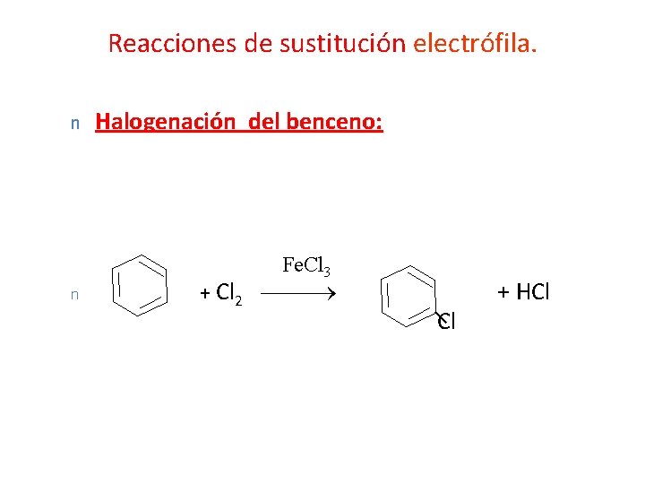 Reacciones de sustitución electrófila. n Halogenación del benceno: Fe. Cl 3 n + Cl