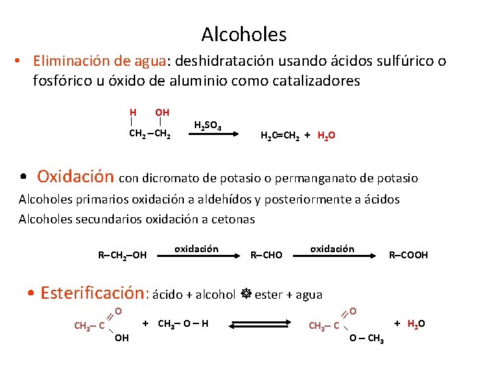 Alcoholes • Eliminación de agua: deshidratación usando ácidos sulfúrico o fosfórico u óxido de