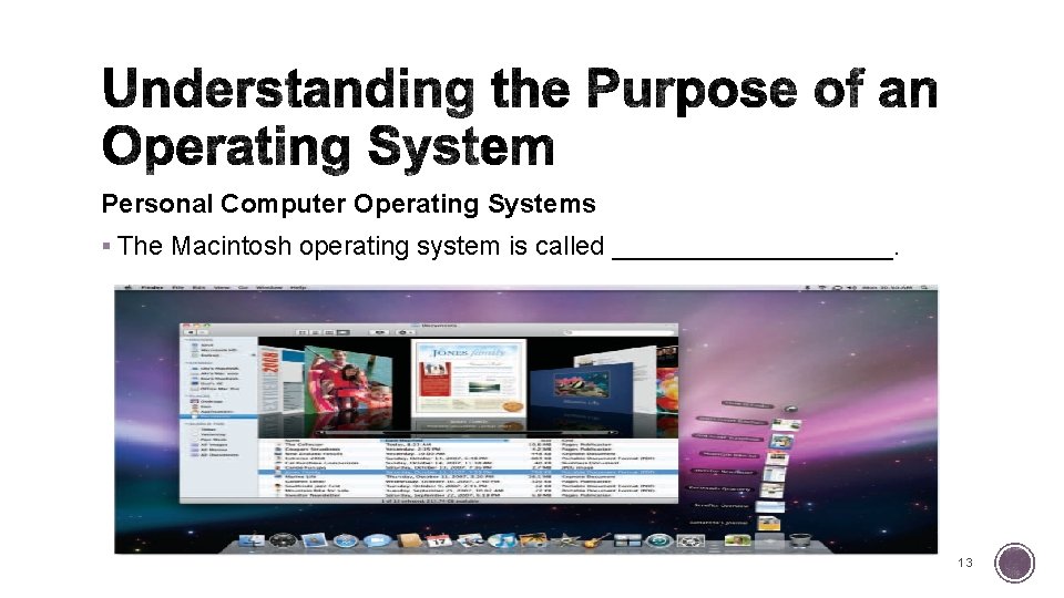 Personal Computer Operating Systems § The Macintosh operating system is called __________. 13 13