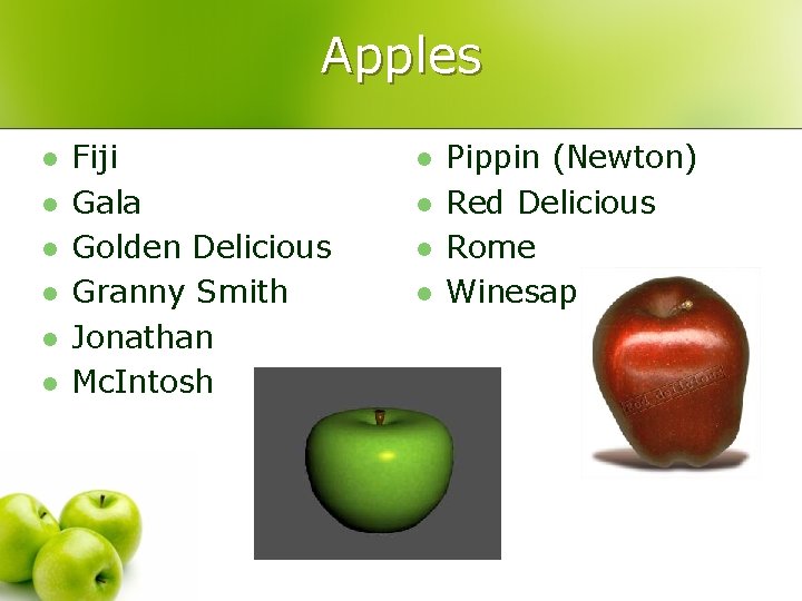 Apples l l l Fiji Gala Golden Delicious Granny Smith Jonathan Mc. Intosh l