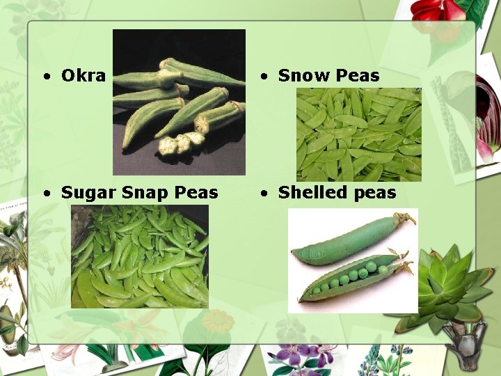  • Okra • Snow Peas • Sugar Snap Peas • Shelled peas 