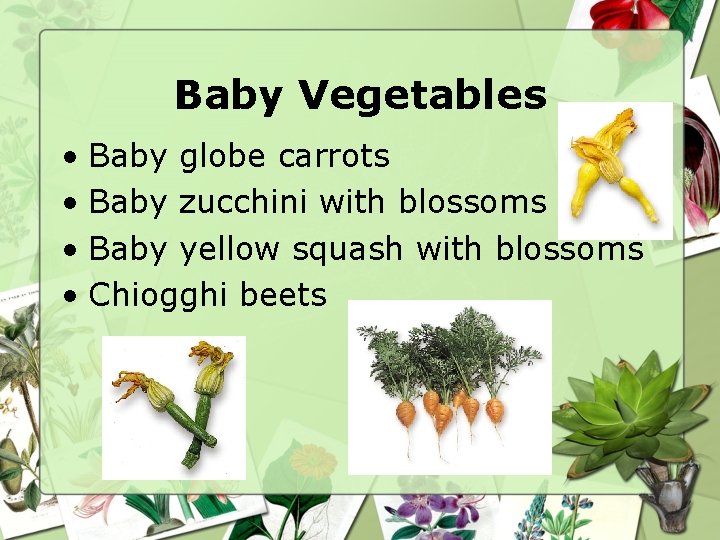 Baby Vegetables • Baby globe carrots • Baby zucchini with blossoms • Baby yellow