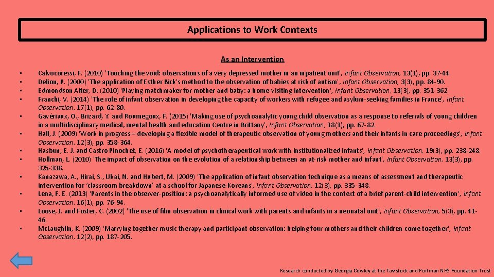 Applications to Work Contexts As an Intervention • • • Calvocoressi, F. (2010) 'Touching