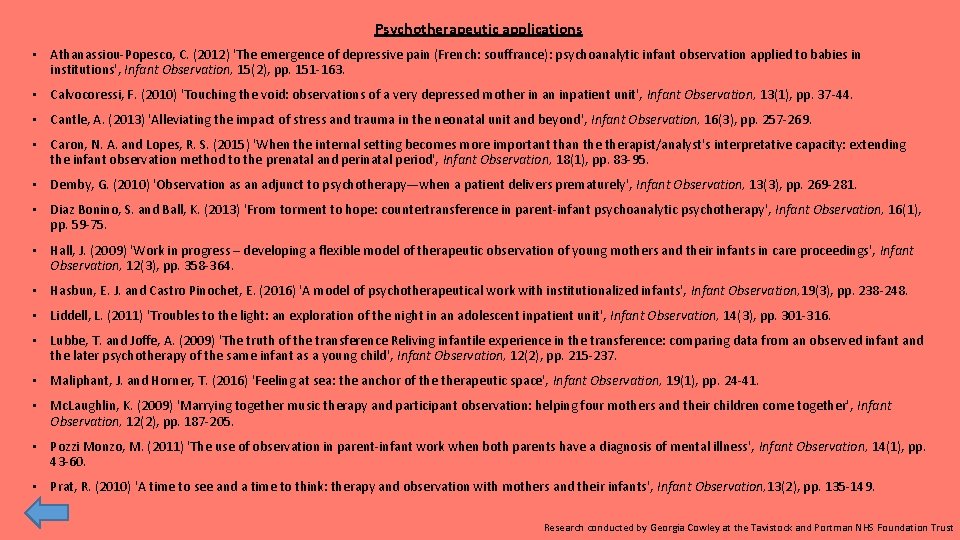 Psychotherapeutic applications • Athanassiou-Popesco, C. (2012) 'The emergence of depressive pain (French: souffrance): psychoanalytic