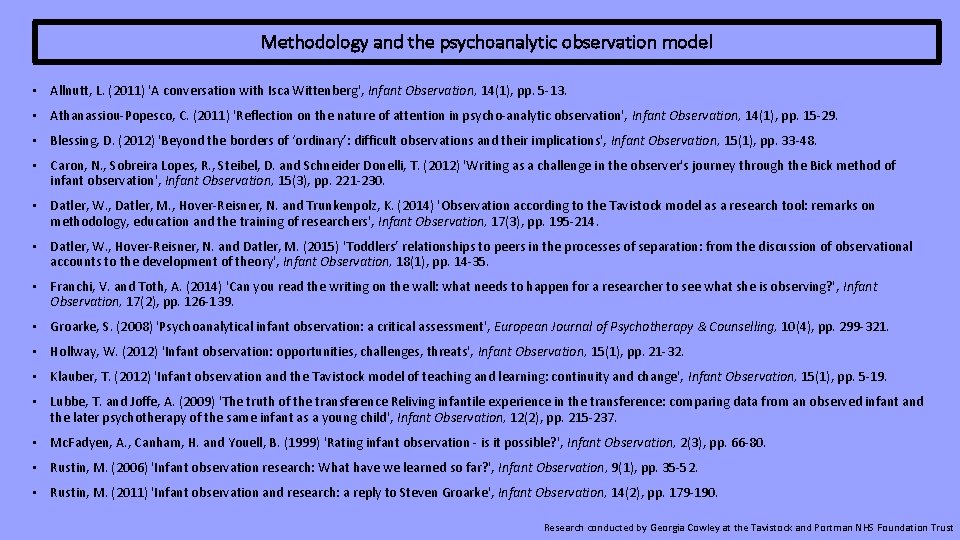Methodology and the psychoanalytic observation model • Allnutt, L. (2011) 'A conversation with Isca