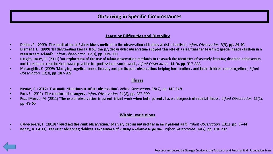 Observing in Specific Circumstances Learning Difficulties and Disability • • Delion, P. (2000) 'The