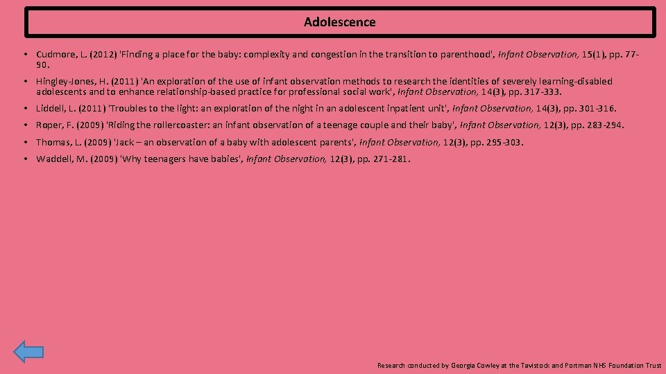 Adolescence • Cudmore, L. (2012) 'Finding a place for the baby: complexity and congestion