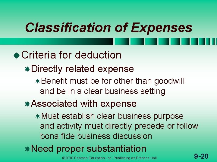 Classification of Expenses ® Criteria for deduction Directly related expense ¬Benefit must be for