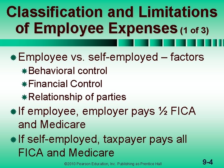 Classification and Limitations of Employee Expenses (1 of 3) ® Employee vs. self-employed –